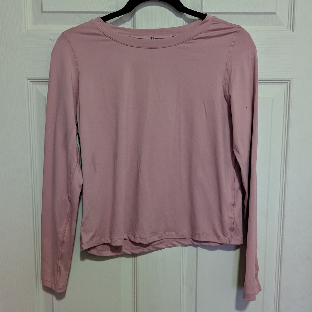 Champion Mauve Pink Long Sleeve Shirt XS Stretchy Cutout Embroidered Logo Sporty